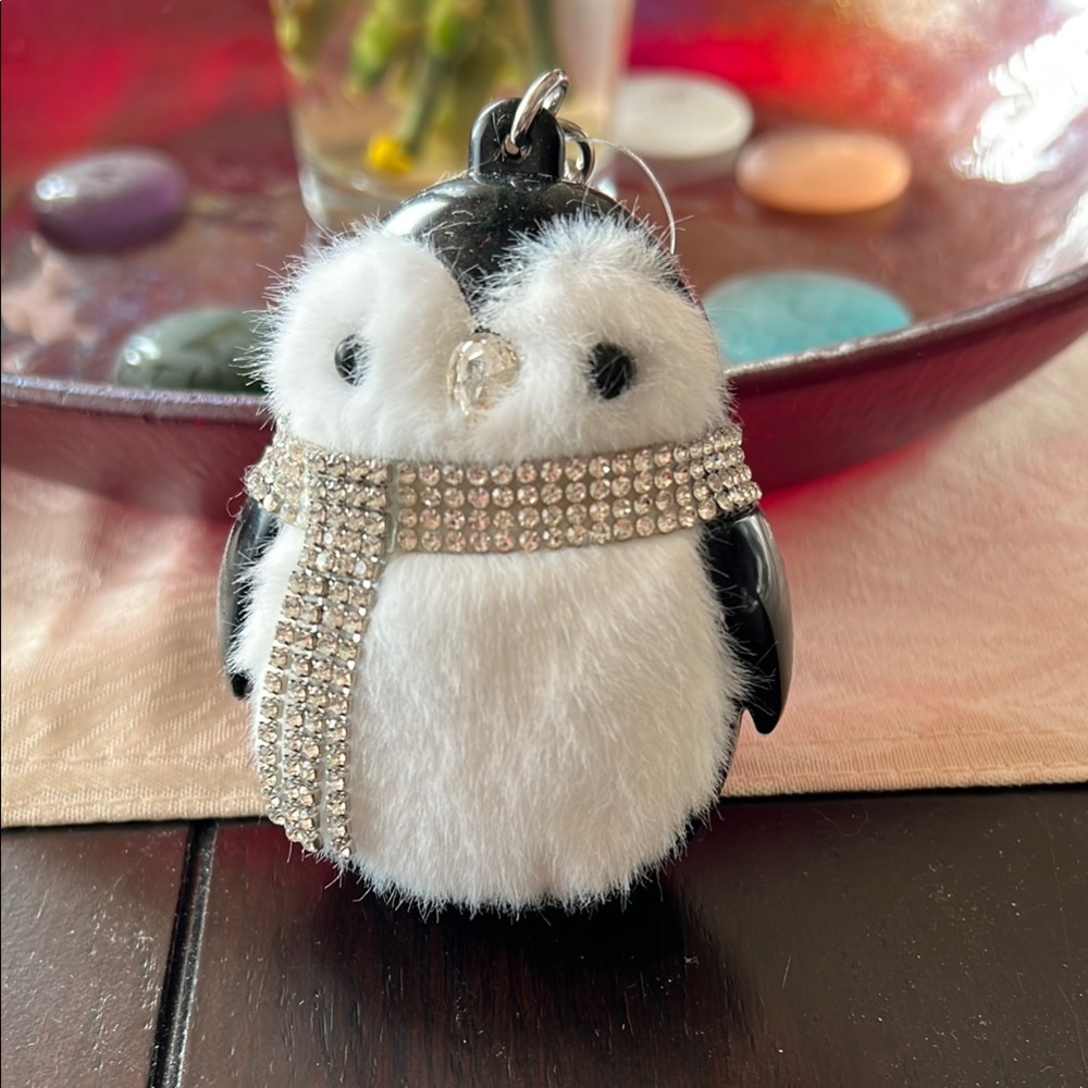Plush Fancy Penguin Keychain Pocketbac Holder with Rhinestone Accents